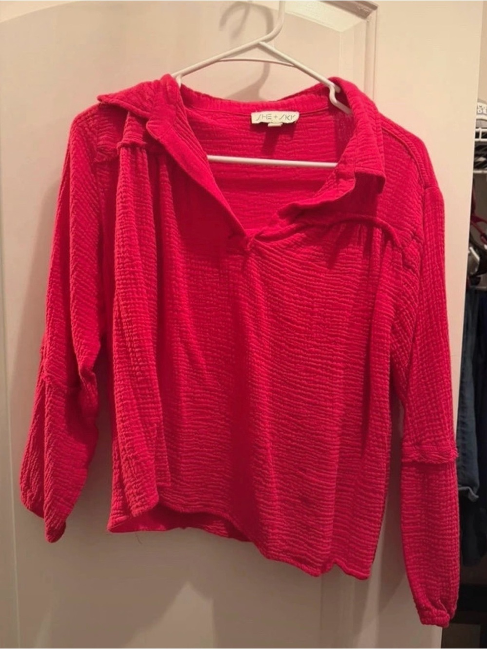 Free People Bright Red Textured V-Neck Pullover Hoodie